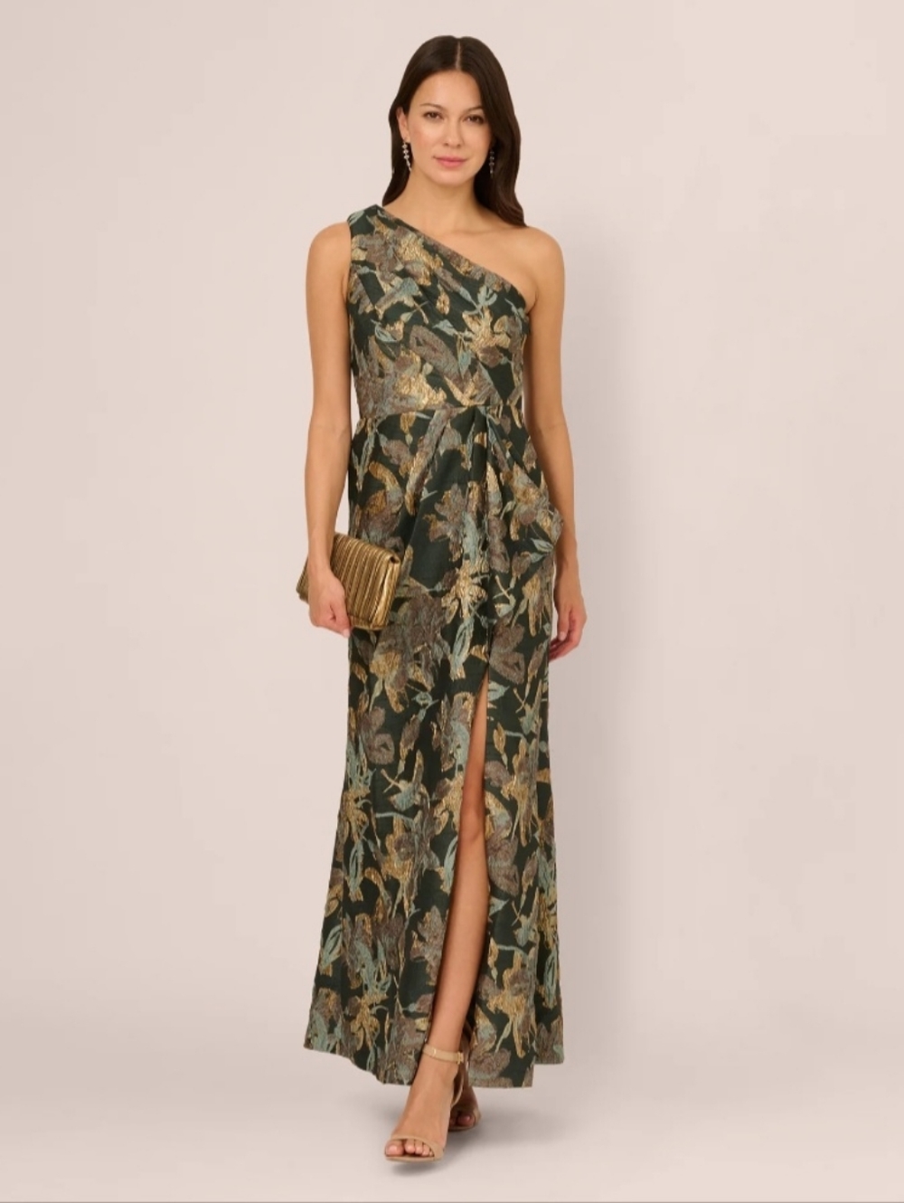 Adrianna Papell Forest Green One-Shoulder Floral Evening Gown with Gold Accents